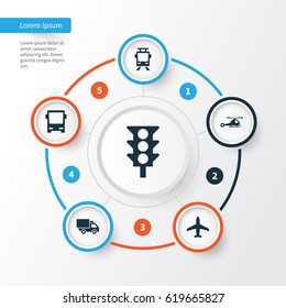 Shipment Icons Set. Collection Of Streetcar, Van, Omnibus And Other Elements. Also Includes Symbols Such As Autobus, Helicopter, Truck.
