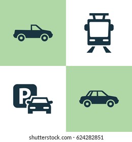 Shipment Icons Set. Collection Of Streetcar, Road Sign, Automobile And Other Elements. Also Includes Symbols Such As Sign, Auto, Tram.