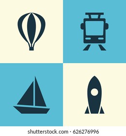 Shipment Icons Set. Collection Of Streetcar, Yacht, Spaceship And Other Elements. Also Includes Symbols Such As Streetcar, Boat, Rocket.