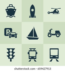 Shipment Icons Set. Collection Of Streetcar, Chopper, Stoplight And Other Elements. Also Includes Symbols Such As Boat, Auto, Scooter.