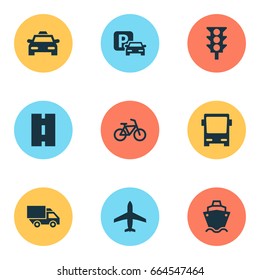 Shipment Icons Set. Collection Of Tanker, Way, Stoplight And Other Elements. Also Includes Symbols Such As Light, Taxi, Camion.