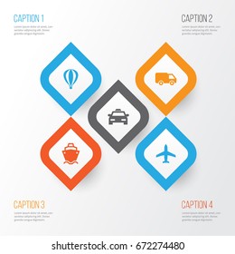 Shipment Icons Set. Collection Of Tanker, Cab, Airship And Other Elements. Also Includes Symbols Such As Camion, Airplane, Taxi.