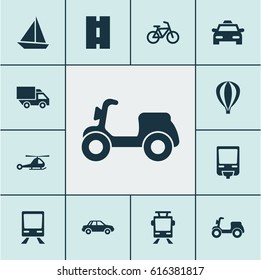Shipment Icons Set. Collection Of Van, Yacht, Railroad And Other Elements. Also Includes Symbols Such As Helicopter, Sail, Airplane.