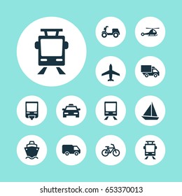 Shipment Icons Set. Collection Of Van, Yacht, Cab And Other Elements. Also Includes Symbols Such As Moped, Monorail, Cargo.