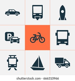 Shipment Icons Set. Collection Of Van, Streetcar, Railroad And Other Elements. Also Includes Symbols Such As Rocket, Tram, Automobile.