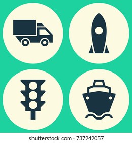 Shipment Icons Set. Collection Of Van, Stoplight, Spaceship And Other Elements. Also Includes Symbols Such As Camion, Flight, Light.