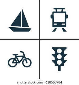 Shipment Icons Set. Collection Of Yacht, Bicycle, Streetcar And Other Elements. Also Includes Symbols Such As Light, Streetcar, Sail.