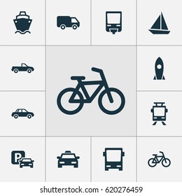 Shipment Icons Set. Collection Of Yacht, Streetcar, Truck And Other Elements. Also Includes Symbols Such As Bicycle, Truck, Taxi.