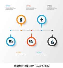 Shipment Icons Set. Collection Of Yacht, Spaceship, Road Sign And Other Elements. Also Includes Symbols Such As Aircraft, Parking, Camion.