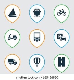 Shipment Icons Set. Collection Of Yacht, Road Sign, Railroad And Other Elements. Also Includes Symbols Such As Tanker, Sign, Camion.