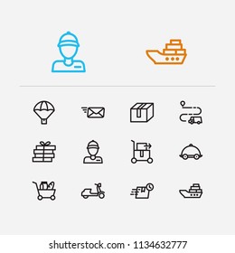 Shipment icons set. Email and shipment icons with ship delivery, courier delivery guy and delivery export. Set of catering for web app logo UI design.