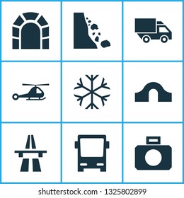 Shipment icons set with helicopter, start of motorway, falling rock and other subway elements. Isolated vector illustration shipment icons.