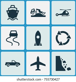 Shipment Icons Set. Includes Icons Such As Tanker, Aircraft, Spaceship And Other.