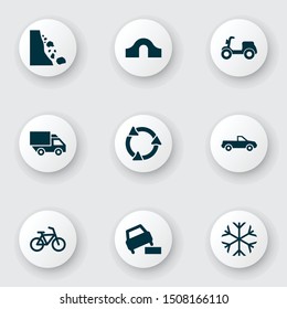 Shipment icons set with moped, risk, falling rock and other landslide elements. Isolated vector illustration shipment icons.