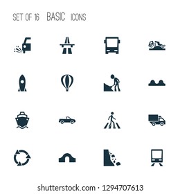 Shipment icons set with road work, rocket, zebra crossing and other workman elements. Isolated vector illustration shipment icons.