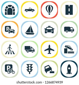 Shipment icons set with soft verges, taxi, sail boat and other vehicle elements. Isolated vector illustration shipment icons.