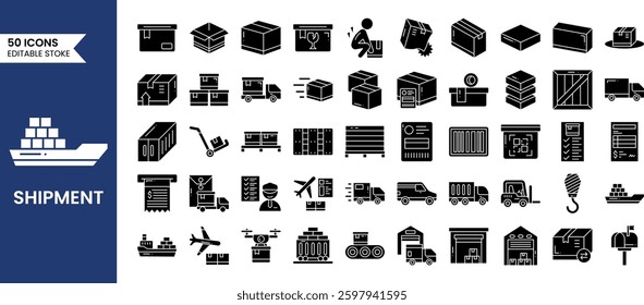 Shipment icons set in solid style. Shipping, logistics, refunds, truck, train, container, cargo, factory and more. Vector illustration
