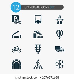 Shipment icons set with traffic light, monorail, air balloon and other parking for bike elements. Isolated vector illustration shipment icons.