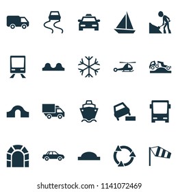 Shipment icons set with tunnel ahead, bus, beware and other road hump elements. Isolated vector illustration shipment icons.