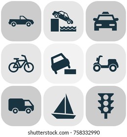 Shipment Icons Set With Yacht, Skooter, Cabriolet And Other Vehicle Elements. Isolated Vector Illustration Shipment Icons.