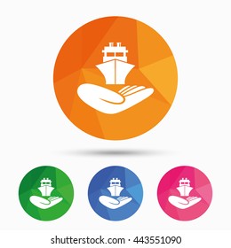 Shipment insurance sign. Hand holds ship symbol. Triangular low poly button with flat icon. Vector