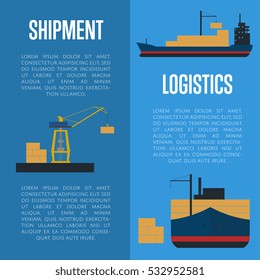 Shipment and logistics banners with cargo ship vector illustration. Freight crane loading cargo vessel in port. Industrial freight harbor, container terminal, worldwide logistics and maritime shipping