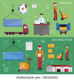 Shipment on warehouse. Distribution goods and shipment of goods in container. Logistic and warehouse infographics. Worldwide delivery process. 