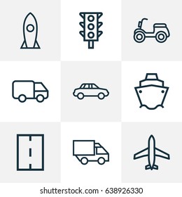 Shipment Outline Icons Set. Collection Of Traffic Light, Road, Rocket And Other Elements. Also Includes Symbols Such As Caravan, Auto, Plane.