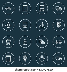 Shipment Outline Icons Set. Collection Of Train, Bus, Balloon And Other Elements. Also Includes Symbols Such As Scooter, Pickup, Trolley.