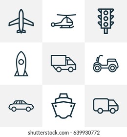 Shipment Outline Icons Set. Collection Of Moped, Camion, Traffic Light And Other Elements. Also Includes Symbols Such As Car, Truck, Light.