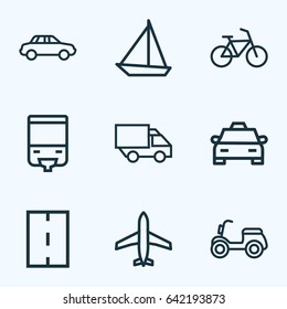 Shipment Outline Icons Set. Collection Of Aircraft, Tram, Taxi And Other Elements. Also Includes Symbols Such As Taxi, Monorail, Carrier.