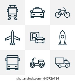 Shipment Outline Icons Set. Collection Of Aircraft, Rocket, Sign And Other Elements. Also Includes Symbols Such As Plane, Truck, Omnibus.