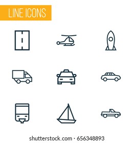 Shipment Outline Icons Set. Collection Of Rocket, Sailing Ship, Pickup And Other Elements. Also Includes Symbols Such As Lorry, Driveway, Sailboat.