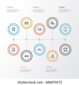 Shipment Outline Icons Set. Collection Of Sailing Ship, Camion, Taxi And Other Elements. Also Includes Symbols Such As Way, Auto, Tram.