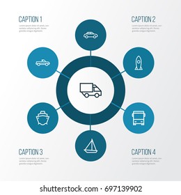 Shipment Outline Icons Set. Collection Of Rocket, Sailing Ship, Camion And Other Elements. Also Includes Symbols Such As Lorry, Tanker, Cabriolet.