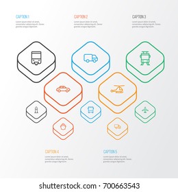 Shipment Outline Icons Set. Collection Of Streetcar, Bus, Bogie And Other Elements. Also Includes Symbols Such As Space, Aircraft, Omnibus.