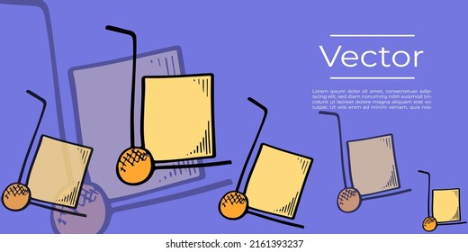 Shipment package box on the wheel sketch vector illustration. Delivery service hand drawn square background. Transportation business media banner