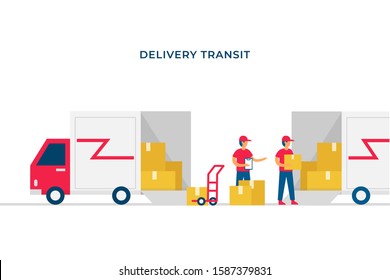 Shipment package transit to next pickup point vector flat illustration design. Open box delivery truck full of package moved to other car with courier officer checking up.