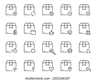 Shipment Packaging Cardboard Parcel Box for Delivery Service Line Icon Set. Carton Box for Shipping Outline Icon. Transportation Cargo Pack Pictogram. Editable Stroke. Isolated Vector Illustration.