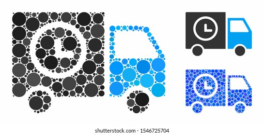 Shipment schedule van composition of small circles in various sizes and color tones, based on shipment schedule van icon. Vector filled circles are composed into blue composition.