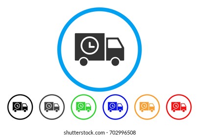 Shipment Schedule Van rounded icon. Vector illustration style is a flat iconic symbol inside a blue circle, with black, grey, blue, green, red, orange versions.