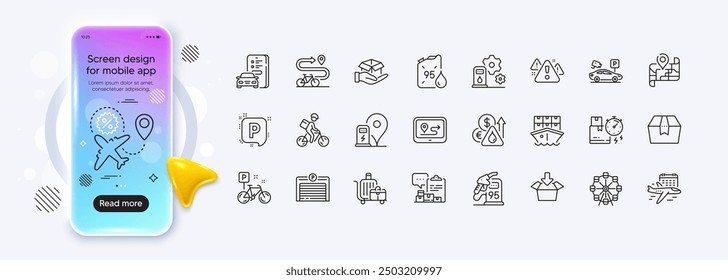 Shipment, Select flight and Flight sale line icons for web app. Phone mockup gradient screen. Pack of Petrol station, Bike path, Map pictogram icons. Inventory report, Bike, Baggage cart signs. Vector