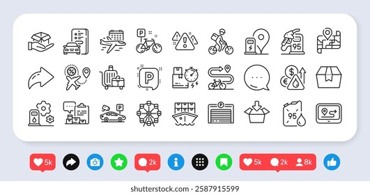 Shipment, Select flight and Flight sale line icons pack. Social media: share, comment, like icons. Petrol station, Bike path, Map web icon. Inventory report, Bike, Baggage cart pictogram. Vector