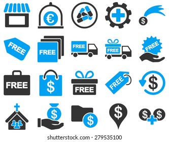 Shipment service and gift icon set. These flat bicolor symbols use modern corporate light blue and gray colors. Vector images are isolated on a white background. Angles are rounded.