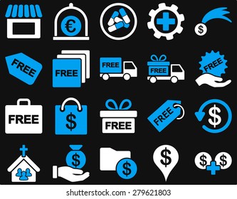 Shipment service and gift icon set. These flat bicolor symbols use  light blue and white colors. Vector images are isolated on a black background. Angles are rounded.