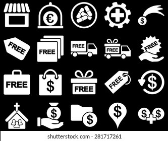 Shipment service and gift icon set. These flat symbols use white color. Vector images are isolated on a black background. Angles are rounded.