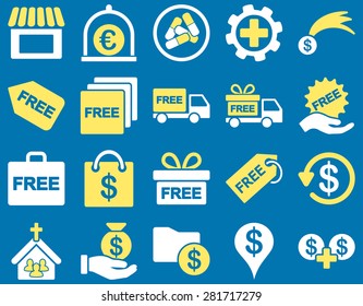Shipment service and gift icon set. These flat bicolor symbols use yellow and white colors. Vector images are isolated on a blue background. Angles are rounded.