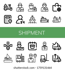 conjunto de iconos sencillos de envío. Contiene íconos como Entrega, Logística, Postman, entrega de horas, Entrega, Barco, Entrega, Envío a nivel mundial, se pueden usar para web, móvil y logotipo