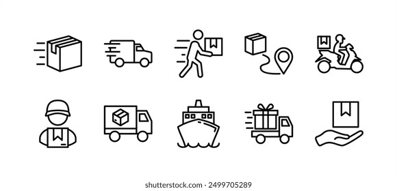 Conjunto de iconos de línea delgada de envío. Contiene entrega rápida o envío de paquetes de regalo, mensajería, ruta de ubicación de destino, camión, carga, motocicleta, recibir paquete. Ilustración vectorial
