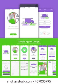 Shipping Tracker Mobile App Material Design, UI, UX und GUI Layout einschließlich Home, Anmelden, Tracking Process Screens, Anmeldung, Dashboard, Shipping Service, Track Shipping and Sign Out Features.